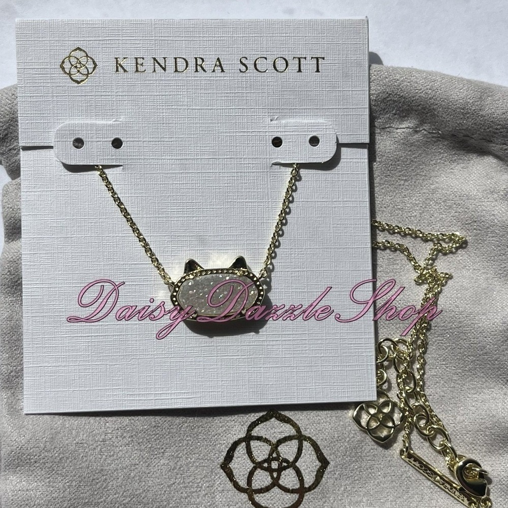🤍✨Kendra Scott Elisa Cat Pendant Necklace Iridescent Drusy Gold New 🐈